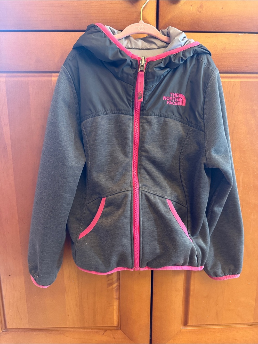 The North Face Gray Fleece reversible Jacket with Pink Trim and Hood
